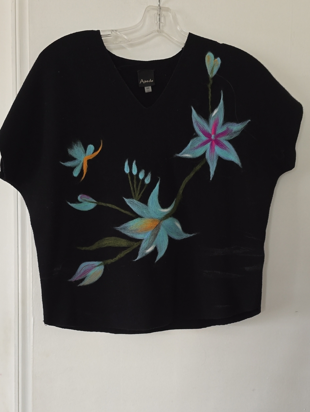 Anada Black V-Neck Floral Felted Wool Top